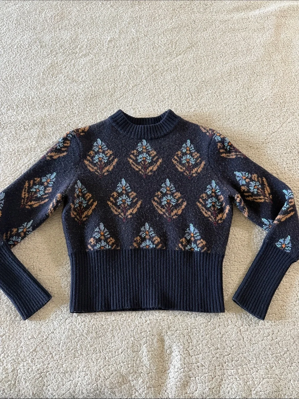 Tory Burch 100% Wool Beaded Navy Crewneck Sweater with Light Blue and Tan Motifs